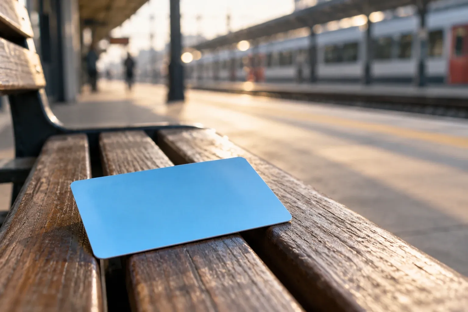 Blauwe ov-chipkaart liggend op houten bankje op leeg perron bij trein