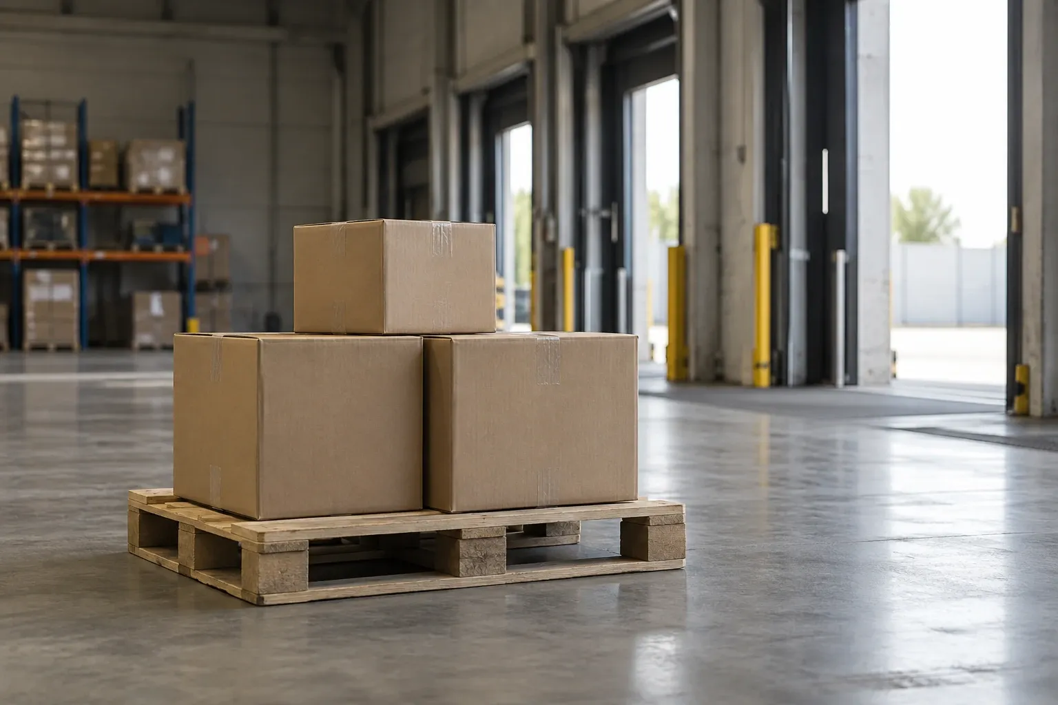 Drie kartonnen dozen op houten pallet in ruime, licht industriële laadruimte
