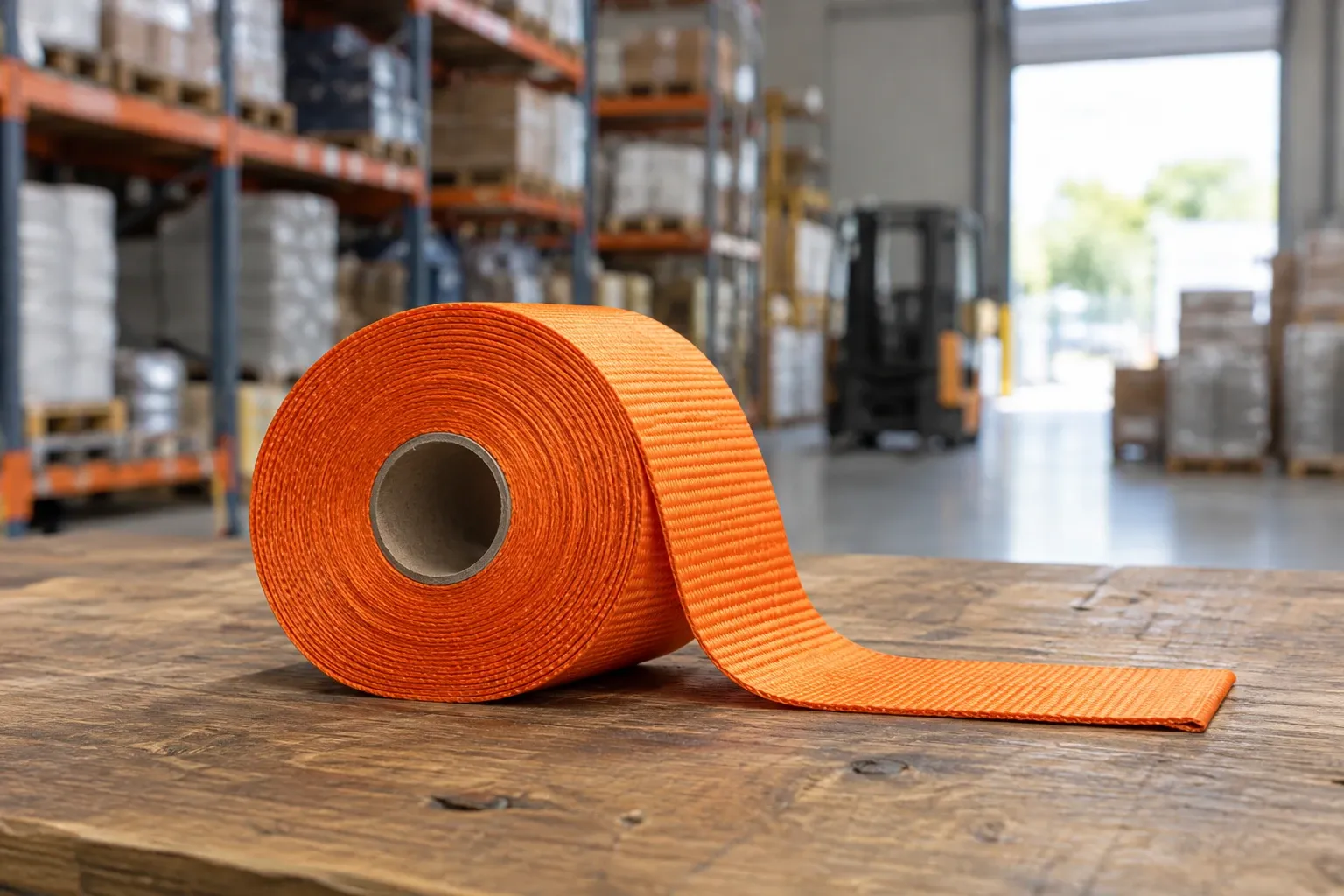 Rolkous oranje spanband op houten werkbank in magazijnomgeving, daglicht zichtbaar