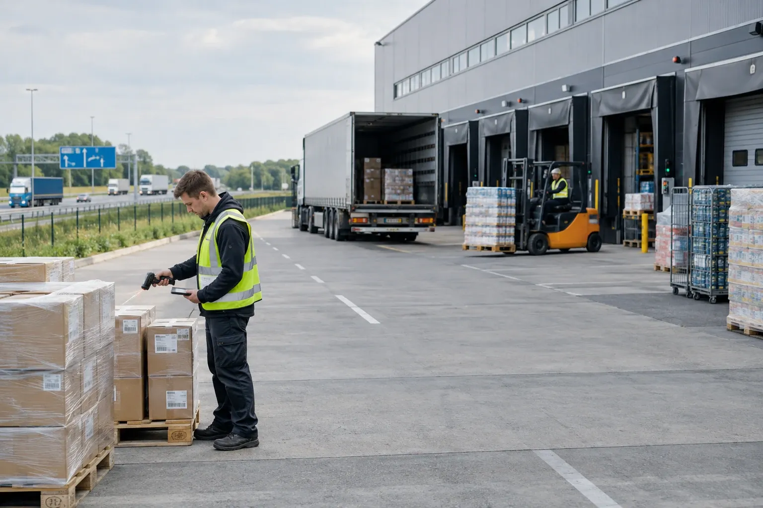 Magazijnmedewerker scant palletlabels bij laadperron terwijl vrachtwagen en heftruck goederen laden
