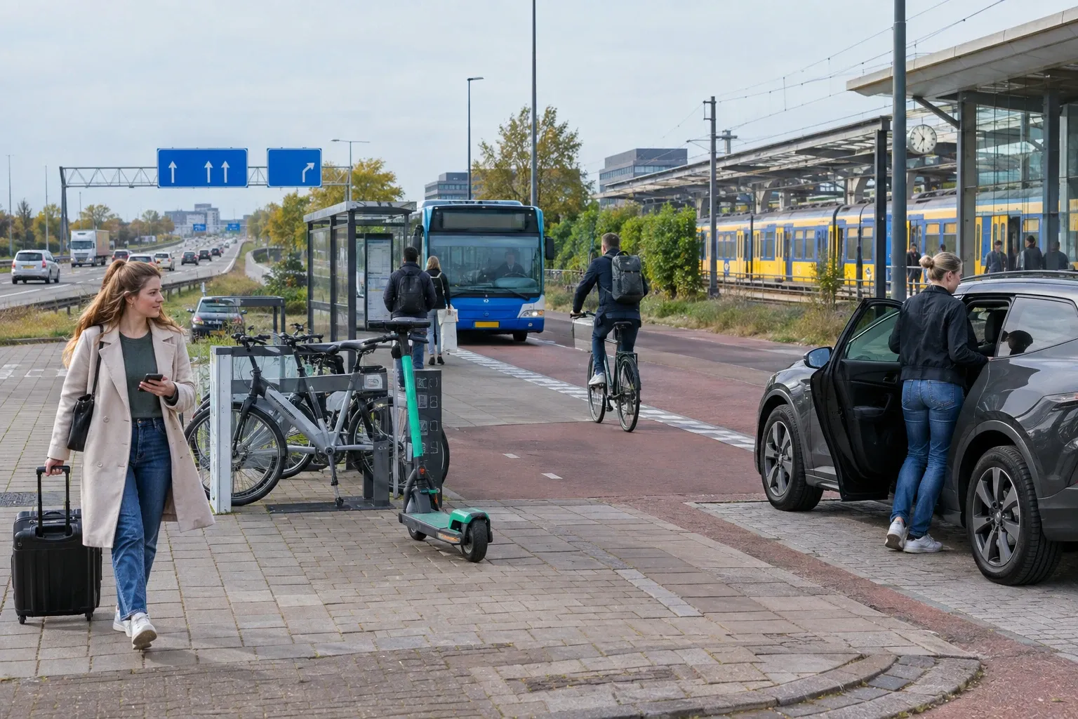 Wachtplaats bij station met bus, trein, fietsers, elektrische step en uitstappende reizigers