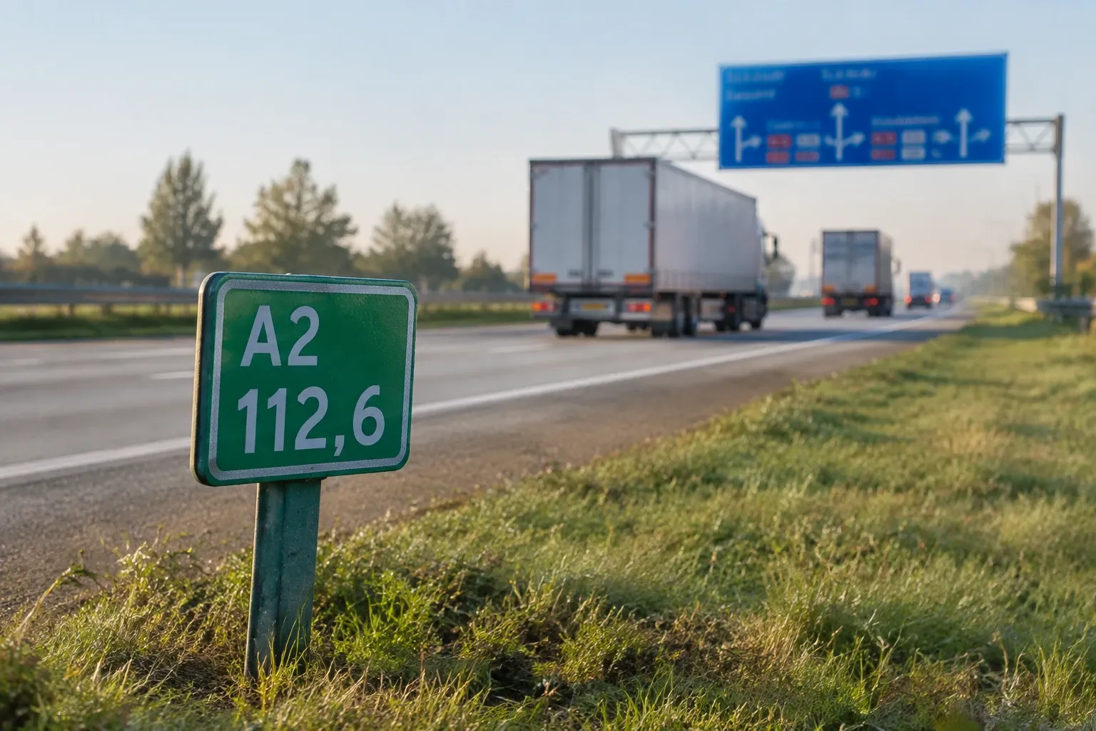 Hectometerpaaltje en blauw wegwijzerbord langs een Nederlandse snelweg