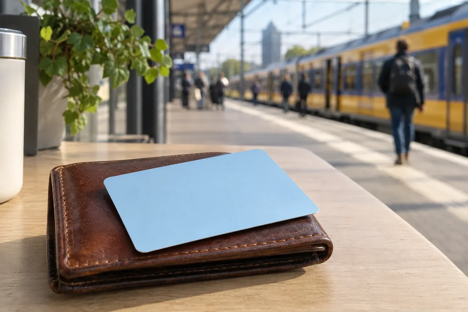 Blauwe ov-chipkaart op leren portemonnee op treinstation perron met passerende reizigers