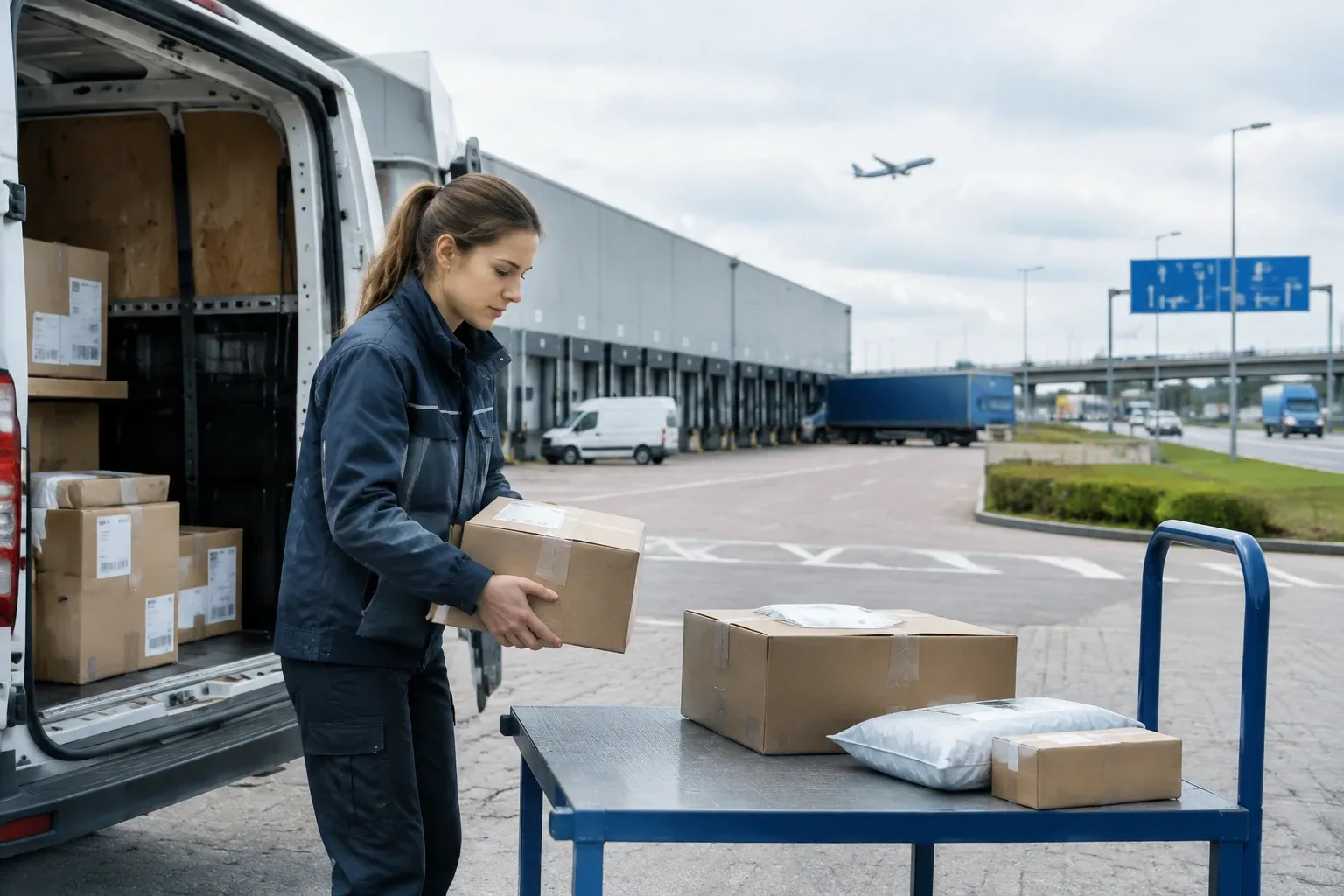 Bezorgster zet pakketten op steekwagen bij bestelwagen voor distributiecentrum, vliegtuig op achtergrond