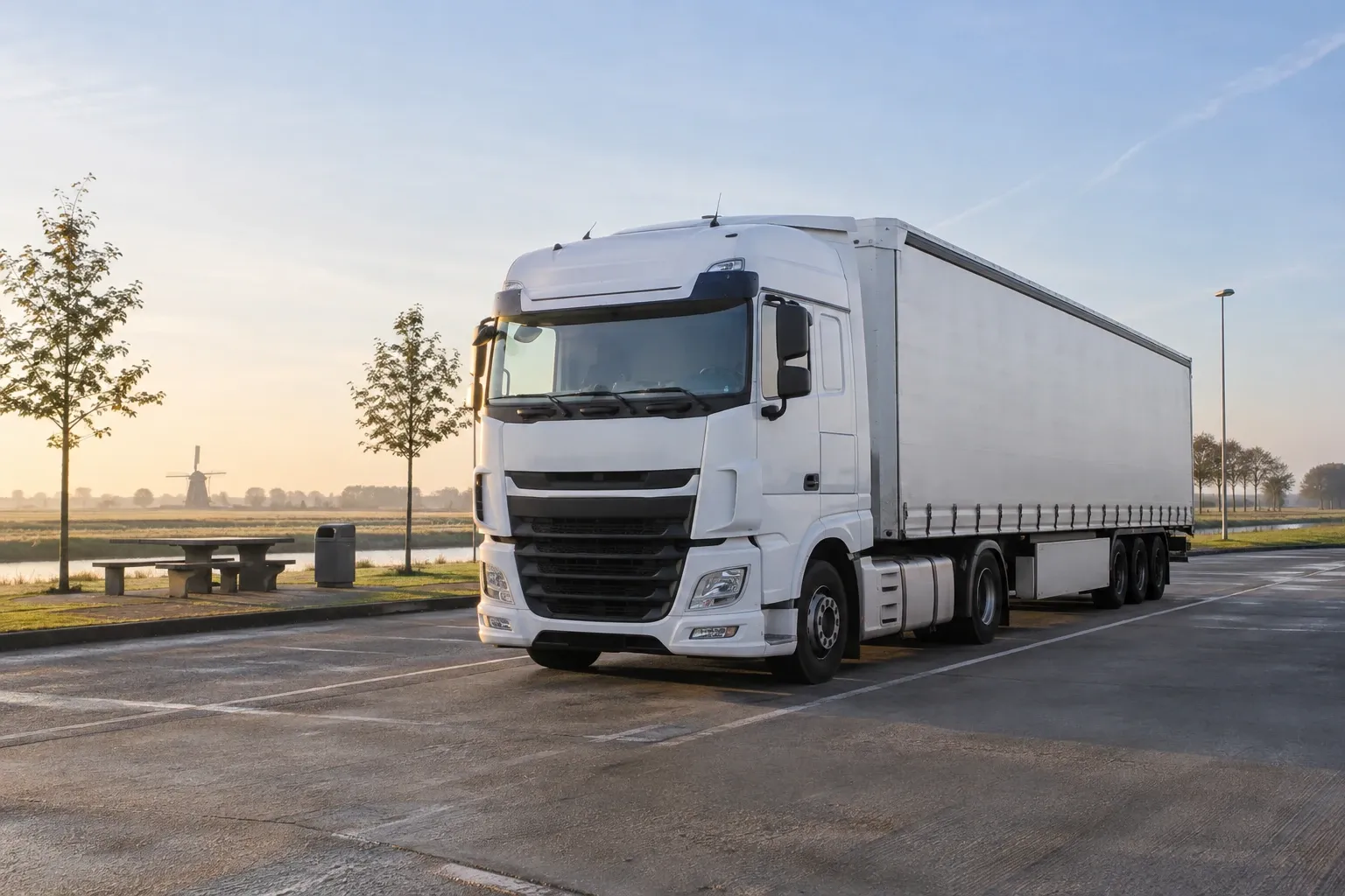 Witte opleggertruck geparkeerd op rustige parkeerplaats bij zonsopgang naast picknickbank
