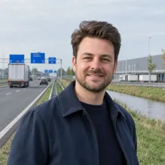 Glimlachende man met donkerblauwe jas naast een snelweg met vrachtwagens en een distributiecentrum