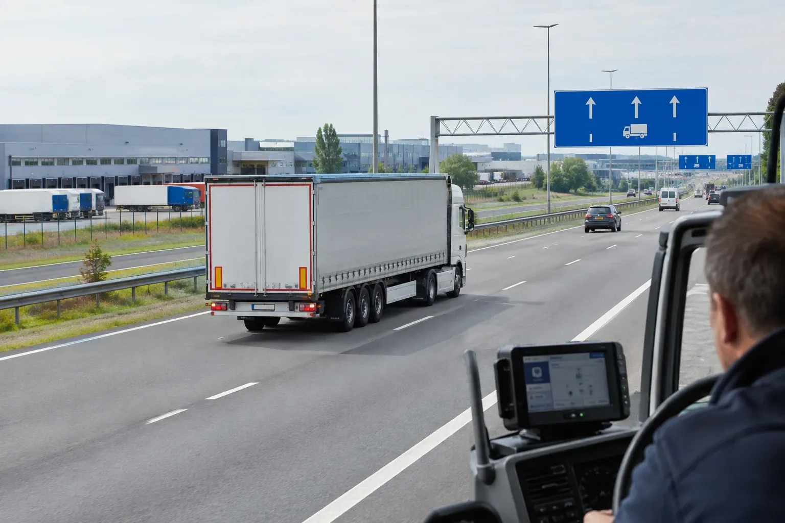 Vrachtauto rijdt over snelweg gezien vanuit cabine met navigatiescherm en bestuurder