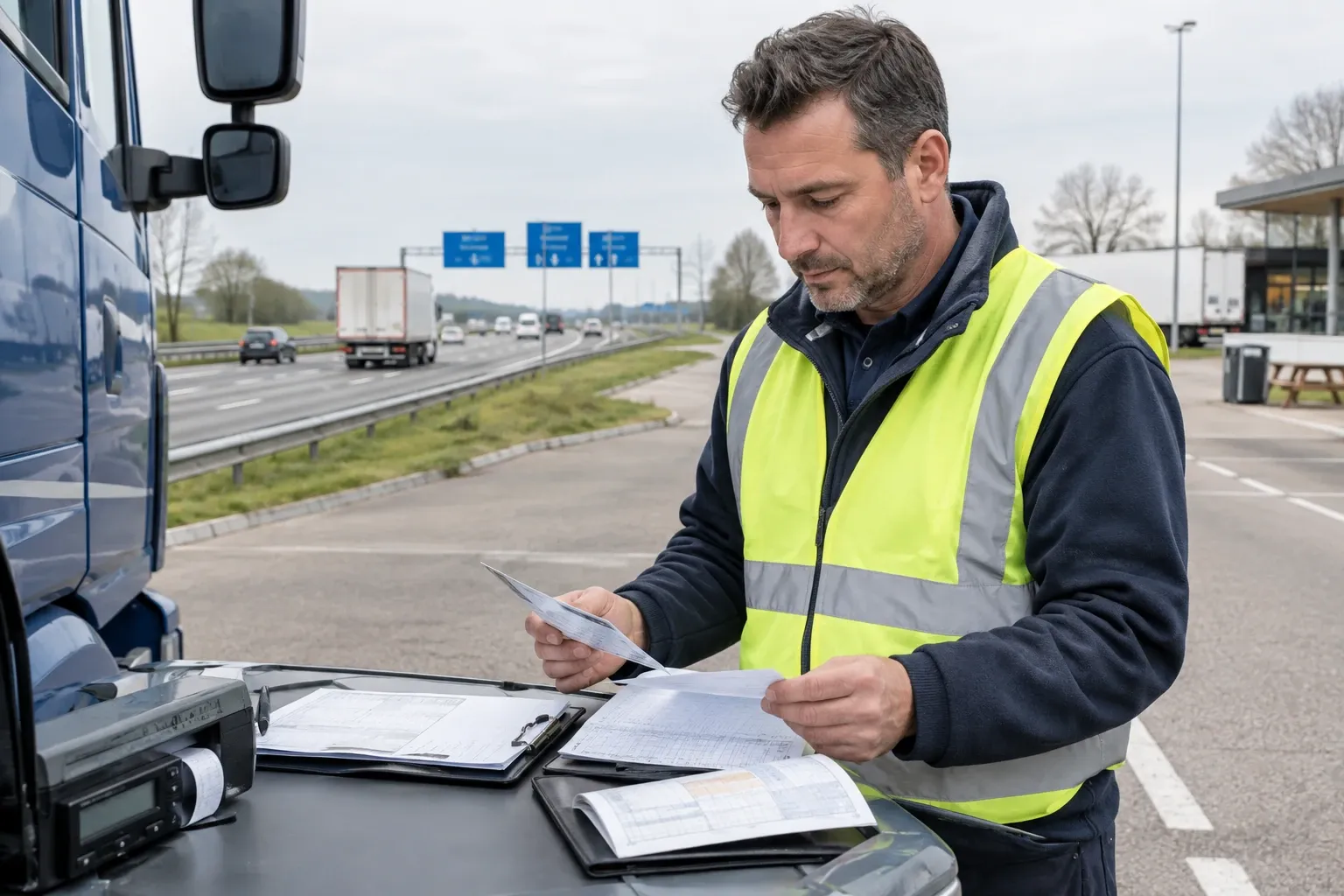 Vrachtwagenchauffeur in veiligheidsvest controleert vrachtpapieren op parkeerplek langs snelweg